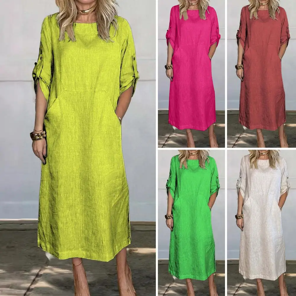 

Women Summer Dress Versatile Women's Midi Dress Stylish Short Sleeve Round Neck Big Pockets for Wear Commute Fall/spring Simple