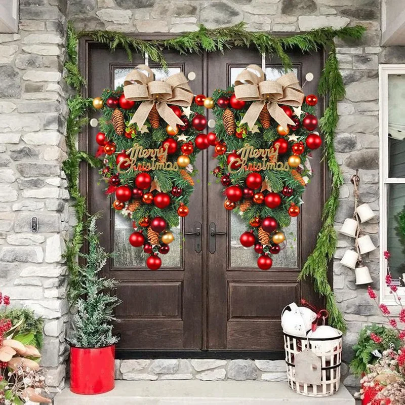 

2Pcs Christmas Front Door Wreath Xmas Teardrop Wreath Set Kit For Front Door, Wall, Fireplace