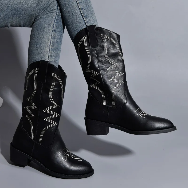 

2024 Western cowboy boots all-in-one adult women's boots Embroidered sleeve rider motorcycle boots mid-calf boots Autumn/Winter