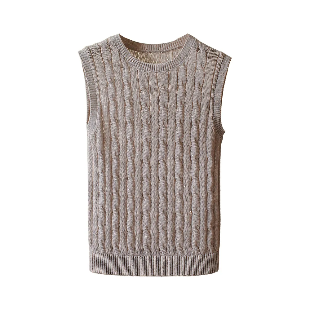 

2024 Women's Clothing Simple twist hollow sequined knitted sweater Spring Summer New 0429