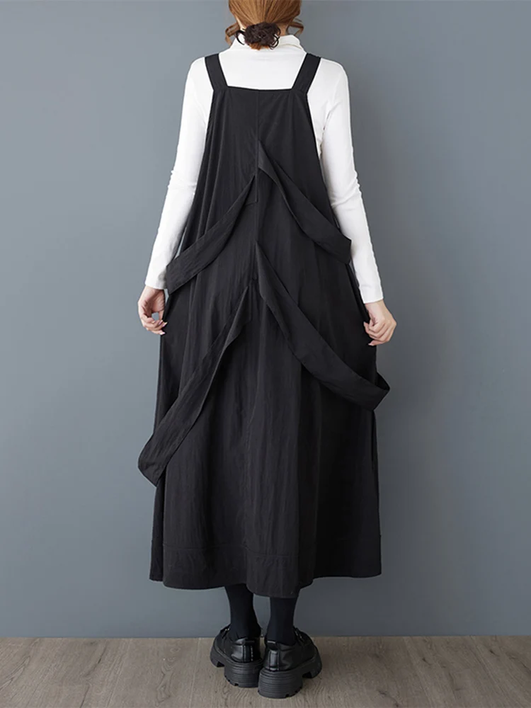 2025 Spring Autumn New Black Vintage Straps Dresses For Women Sleeveless Ribbon Loose Casual Dress Robe Elegant Fashion Clothing