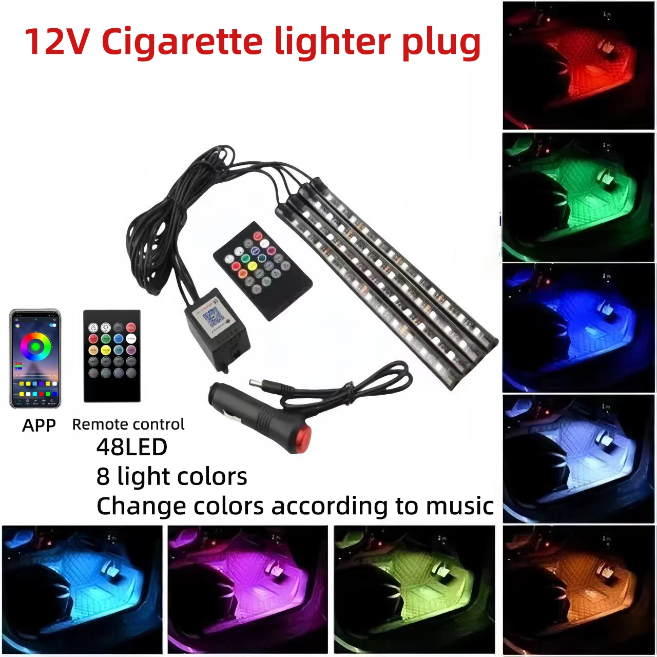 Color-Changing LED Car Interior Ambient Light Kit with Remote and App Control