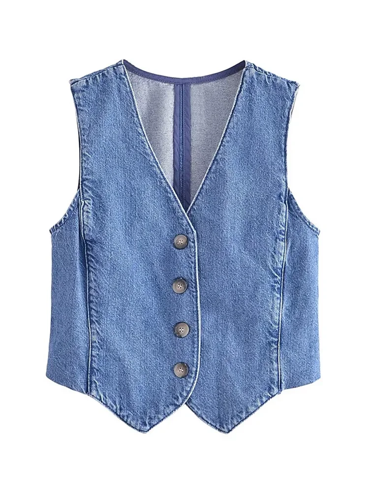 

Жилет женский джинсовый с V-образным вырезом, модная винтажная Верхняя одежда без рукавов, на пуговицах спереди, шикарный топ, 2023