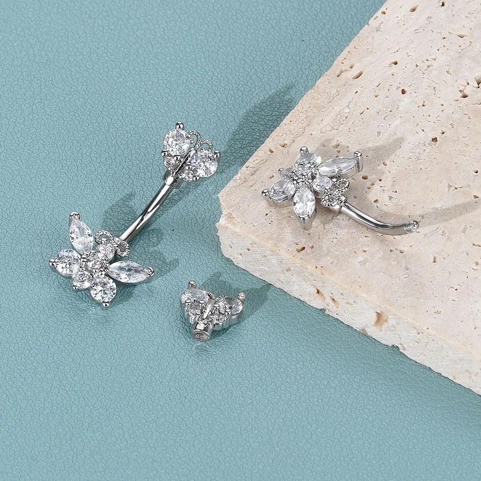 1 Stück Edelstahl Bauchnabelring Baumeln Nabelring 14G Bauchnabelpiercing Außengewinde Zirkonia Nabelring Piercing – Detail 9