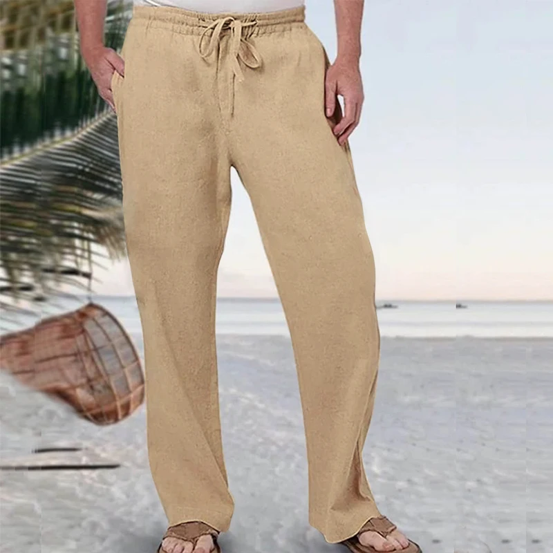 Men's Cotton Linen Trousers Fashion Solid Color Elastic Waist Loose Straight Leg Pants Cropped