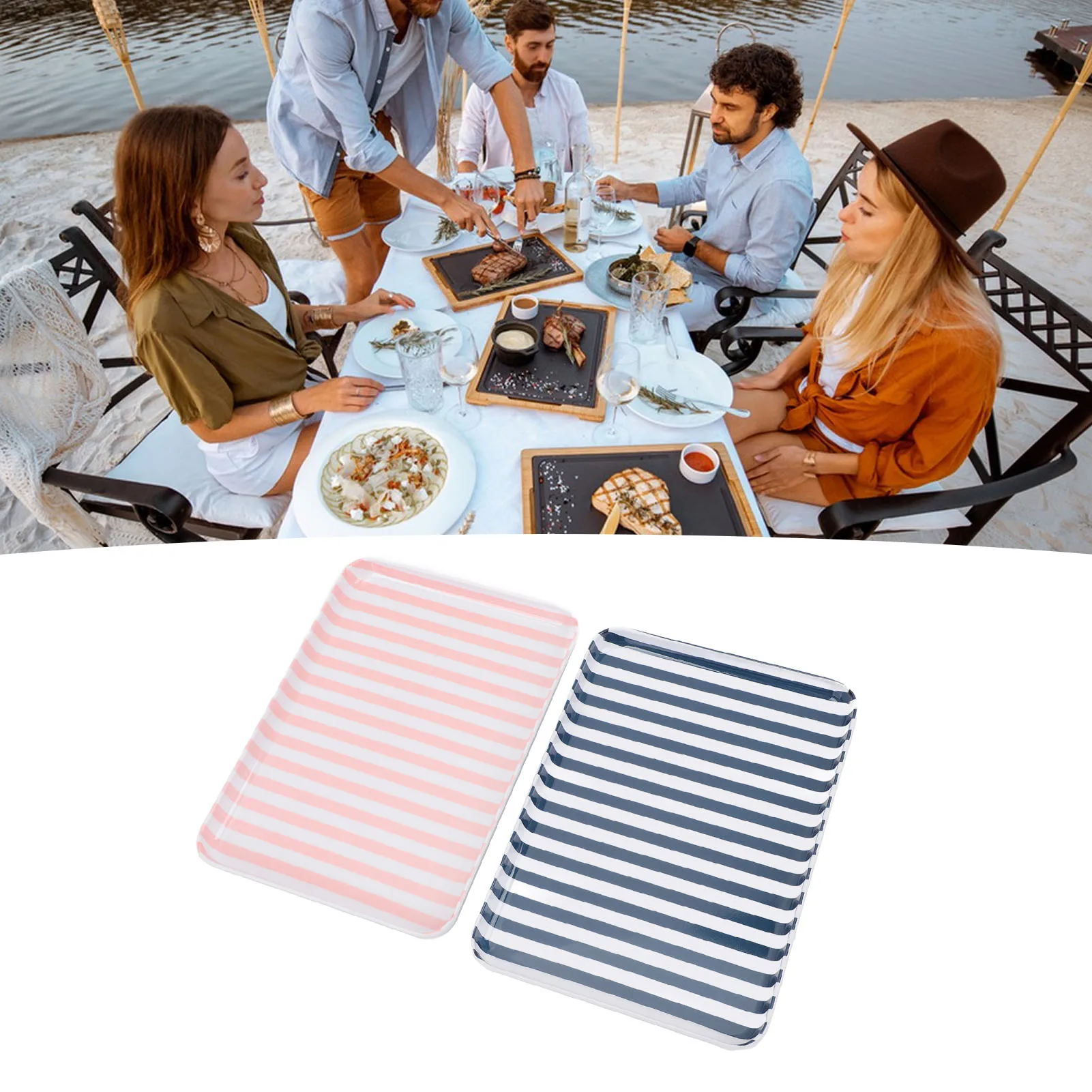 2PCS Food Tray for Couples Plastic Serving Tray Platter for Home Dessert Salad Fruits Breakfast Entertaining Blue and Pink