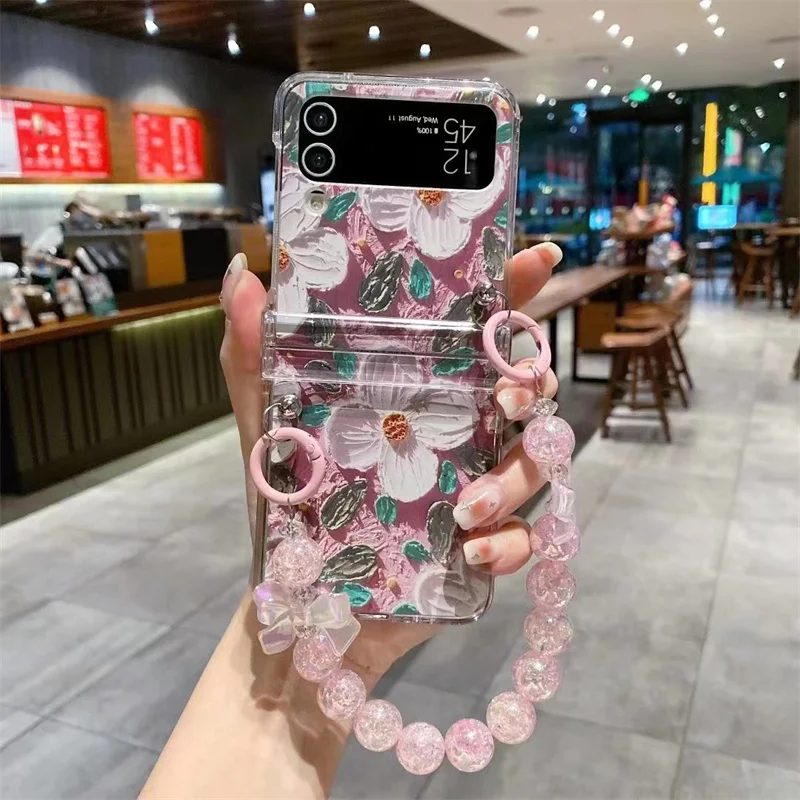 Korean Camellia Phone Case For Samsung Galaxy Z Flip 4 3 Z Flip3 Flip4 5G Cover with Chain Fashion Clear Hinge Protective Cases