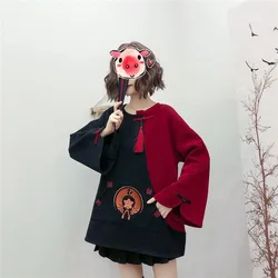 Primavera cheongsam pulôver hoodies bordado 31591 fivela grossa harajuku moletom estilo oversized chinês haraju