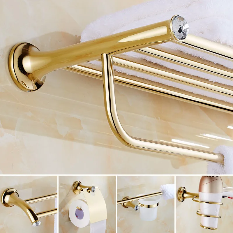 

Gold Crystal Bathroom Accessories Luxury Bathroom Hardware Set Gold Soap Dish Towel Bar Paper Holder Toilet Brush Holder