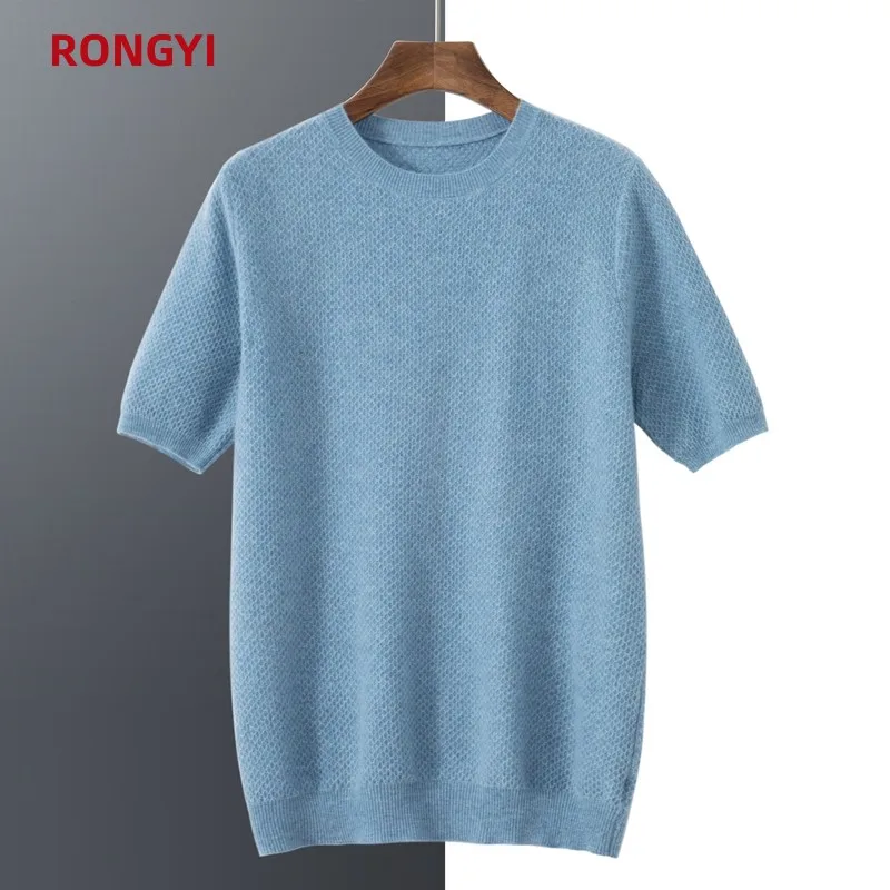 

RONGYI 100% Goat Cashmere Men's Round Neck Pullover Short Sleeve T-ShirtFour Seasons New Solid Colour Vest Casual Sweater Top