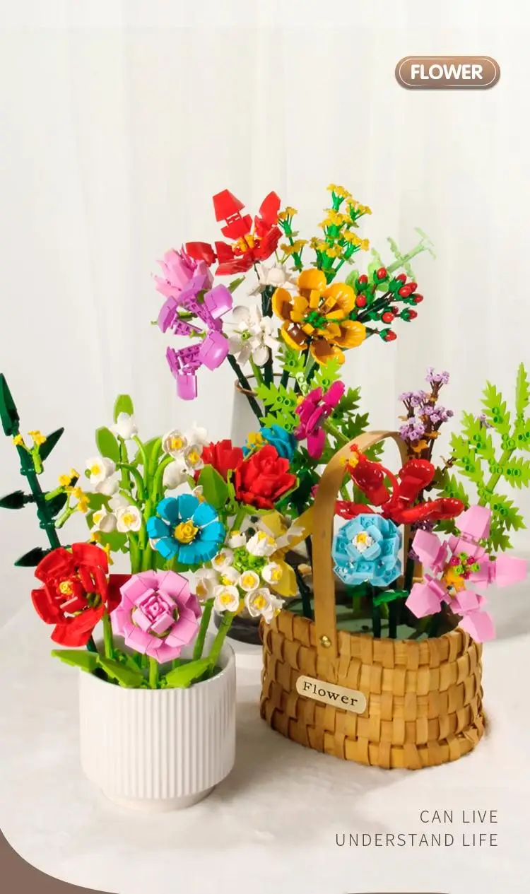 Eternal Rose Sunflower Bouquet Building Blocks, DIY Mini Bricks for Adults, No W