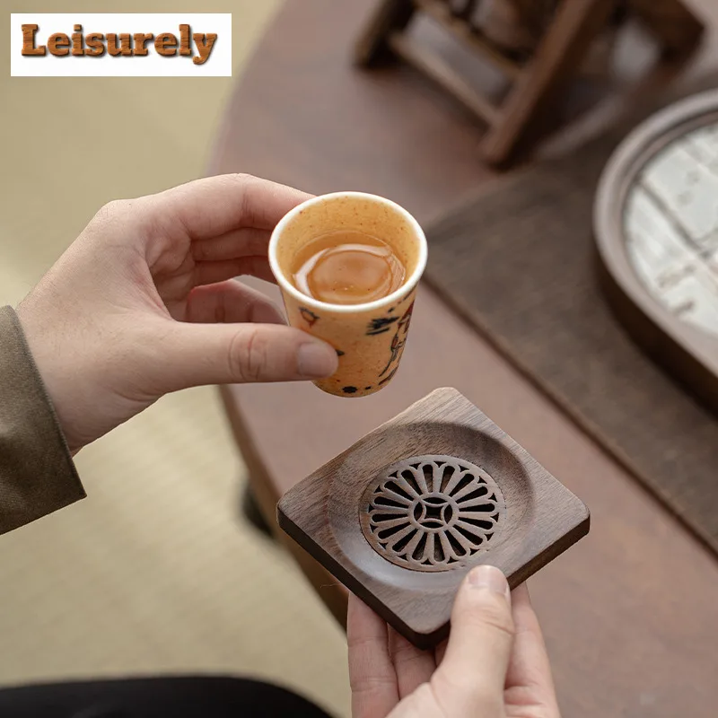6pc/set Walnut Insulated Coaster Drain Storage Rack Set For Home Use Anti Scalding And Slip Tea Cup Holder, Kung Fu Tea Ceremony