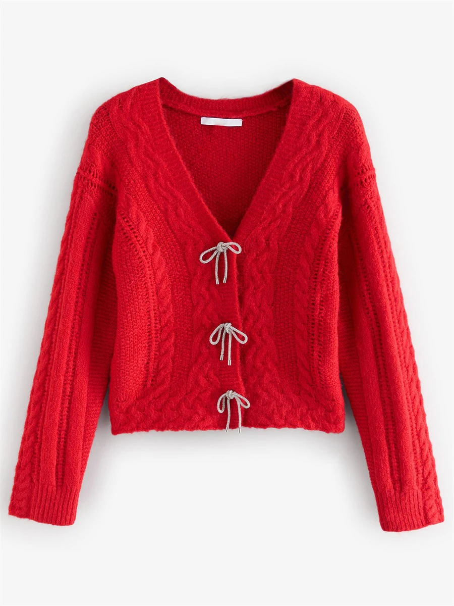 Ladies Knitted Cardigan with Tie Bow Detail Snap Button Closure V Neck and Long Sleeves - Stylish Sweater Jacket for