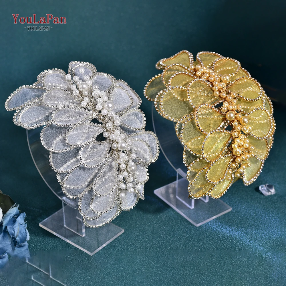 Handmade Mesh Flower Headband Women Gold Color Pearl Headwear Hair Accessories Rhinestone Wedding Headdress HP681