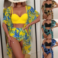 Bikini taille haute sexy 3 pièces pour femme, maillot de bain push-up à manches courtes, vêtements de plage 1