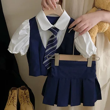 Abiti estivi per bambini stile preppy Set di vestiti per bambini Set di uniformi scolastiche per ragazze adolescenti Camicia a maniche corte + gonna Abito a due pezzi
