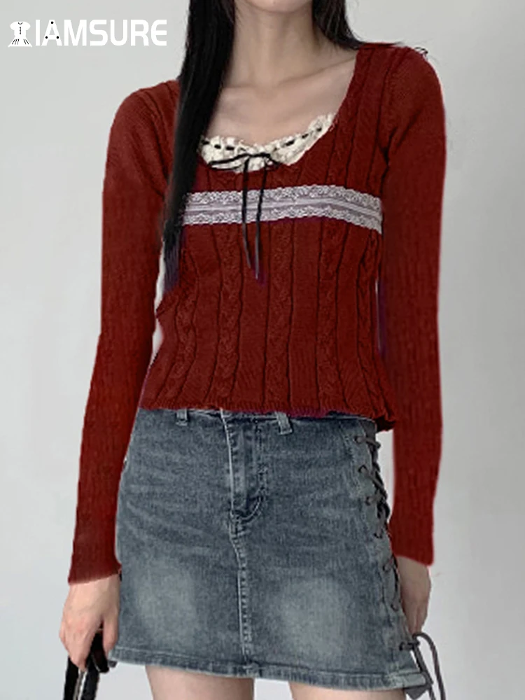 

IAMSURE Casual Patchwork Lace Sweater Slim Square Collar Long Sleeve Knitted Pullovers Women 2023 Autumn Winter Streetwear Lady