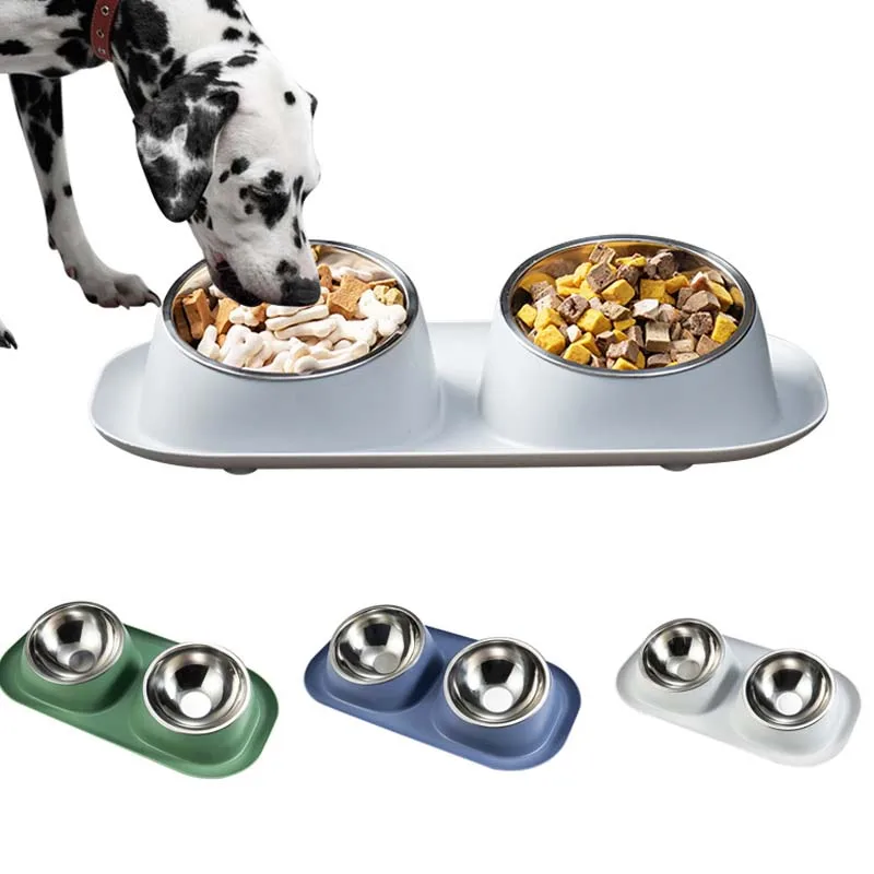 

Миска для собак из нержавеющей стали, нескользящая двойная миска для кормления собак и кошек, легко съемная, подходит для чистки домашних питомцев