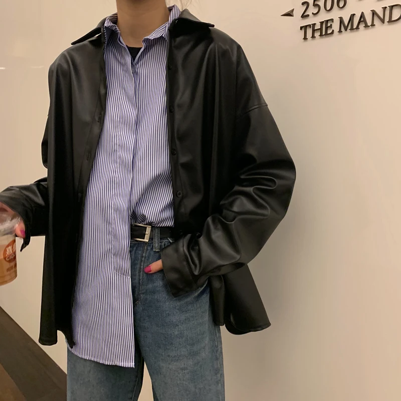 PU Leather Biker Jacket Women Black Faux Leather Basic Coat Turn-down Collar Oversized Motor Trench 2023Autumn Winter Blouses