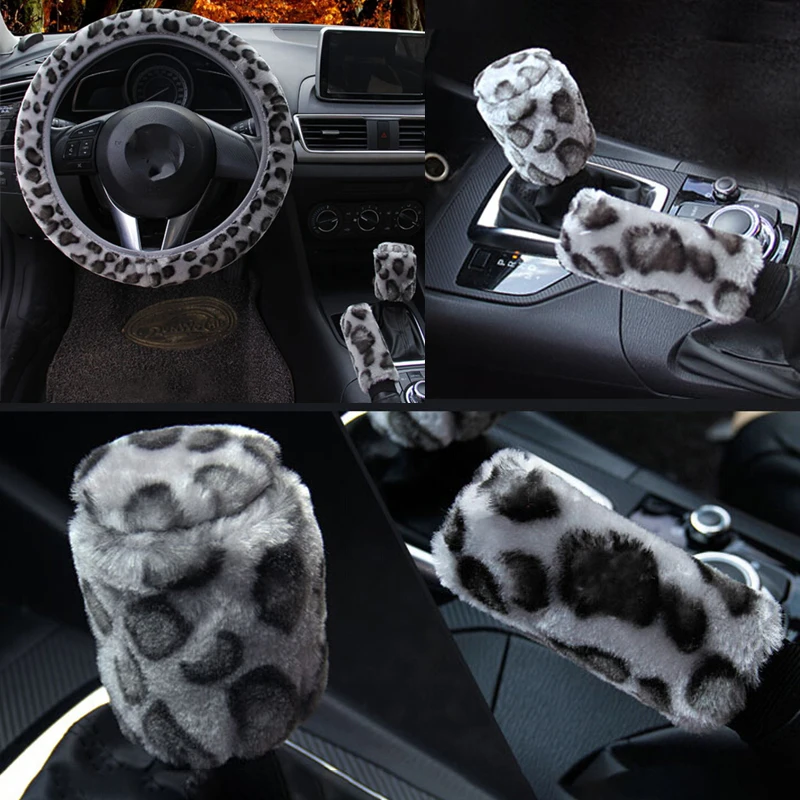 3Pcs /Set Leopard Fluff Plush Steering Wheel Cover Winter Car Accessories