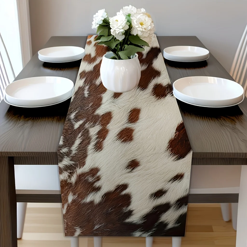 Brown Cowhide Printed Linen Table Runner Dresser Scarf Table Decor Farmhouse Western Style Table Runners Kitchen Home Paty Decor 5