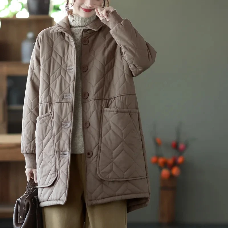 

Vintage Rhombic Lattice Quilted Jacket Women Autumn Winter Loose Warm Outerwear Medium To Long Cotton Parkas Coat