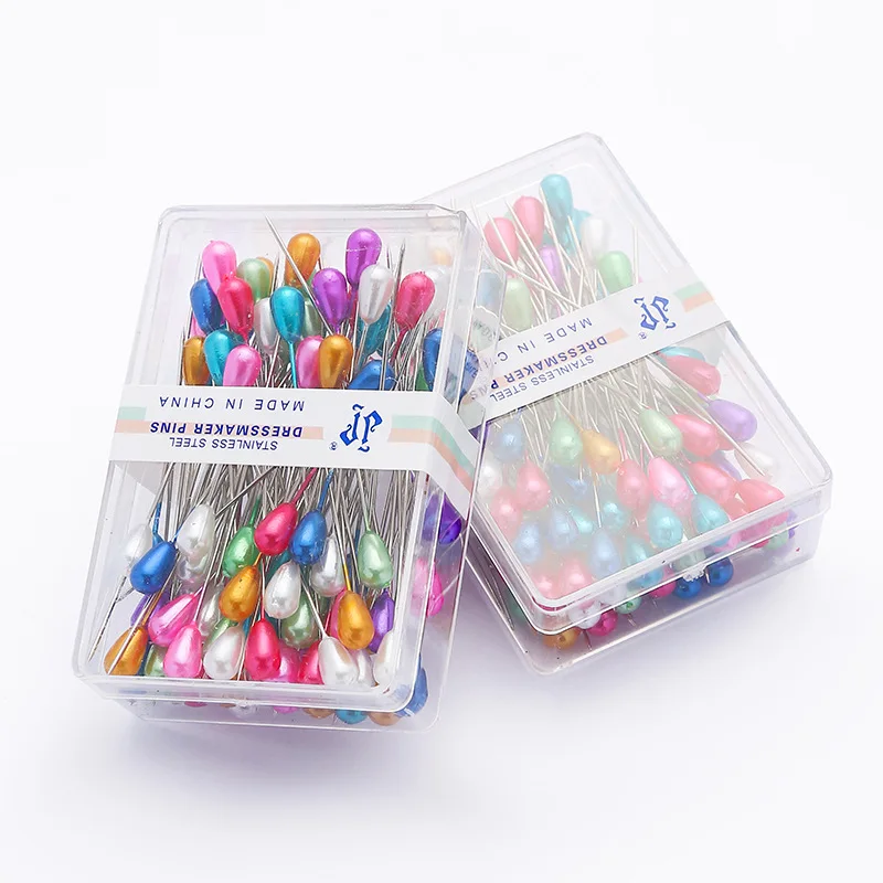 

100pcs Sewing Pins Coloured Plastic Boxed Pear Shaped Bead Needle Stitch Straight Push Dressmaking Positioning Large Head Needle