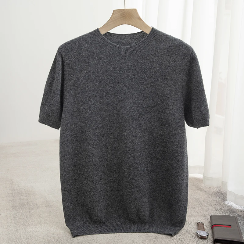 Spring Summer Men's Short Sleeved Pure Wool T-Shirt Sweater O-neck Solid Color Loose Pullover Knitted Sweater Casual Top 6