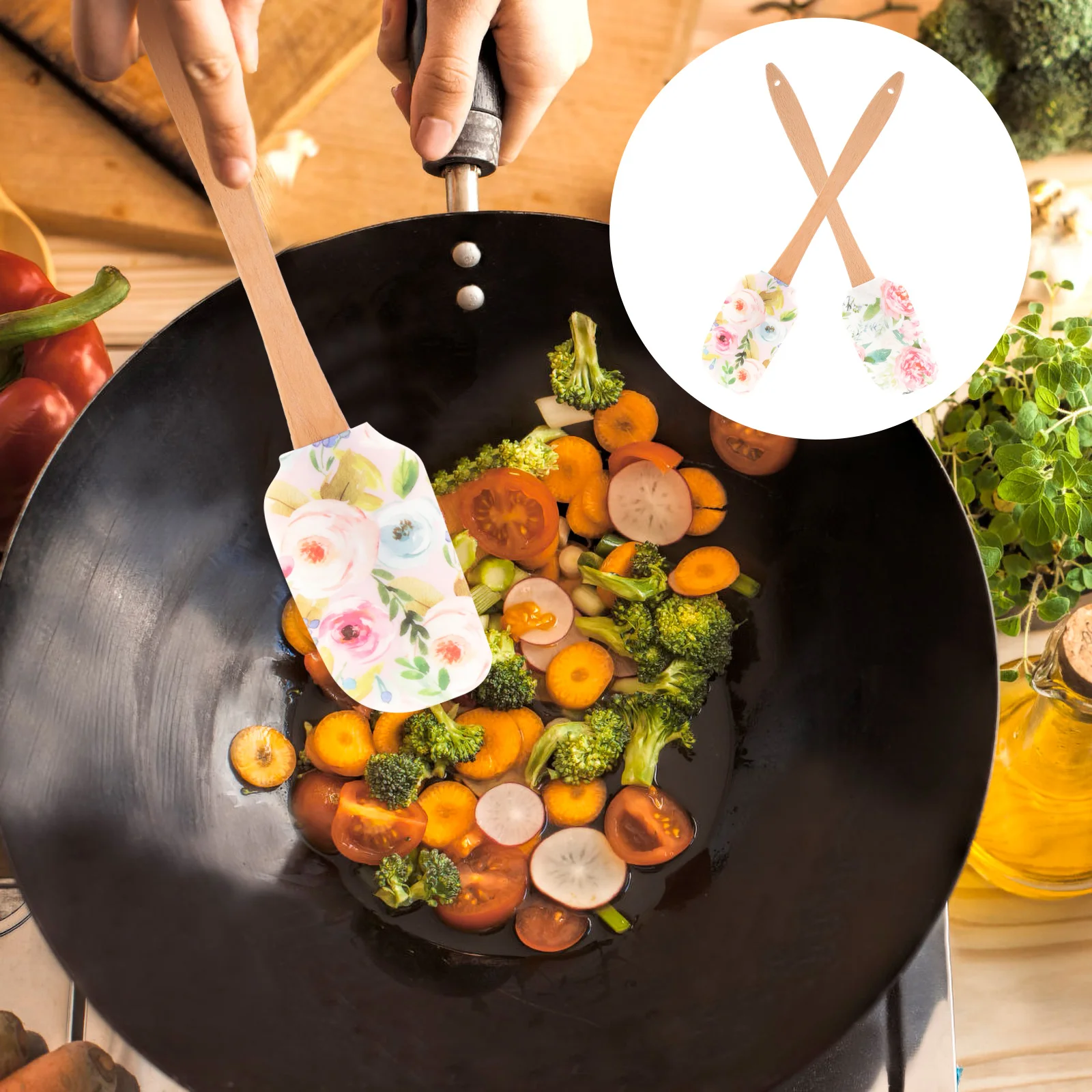 

Silicone Scraper Spatula Wooden Handle Rubber Spatula Flower Pattern Mixing Scraper Cream Butter Spatula Non-Stick Kitchen