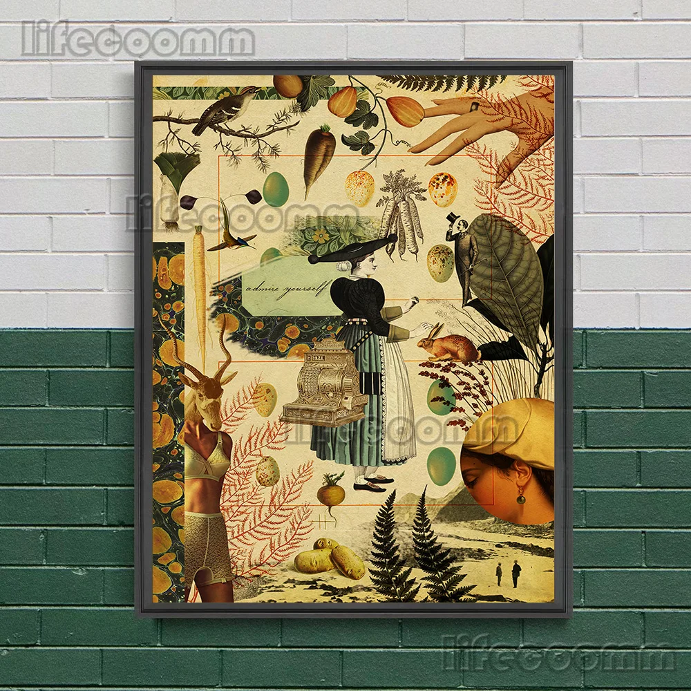 Vintage Abstract Collage Canvas Art - Working Girl Poster & Print for Living Room Décor, Unframed