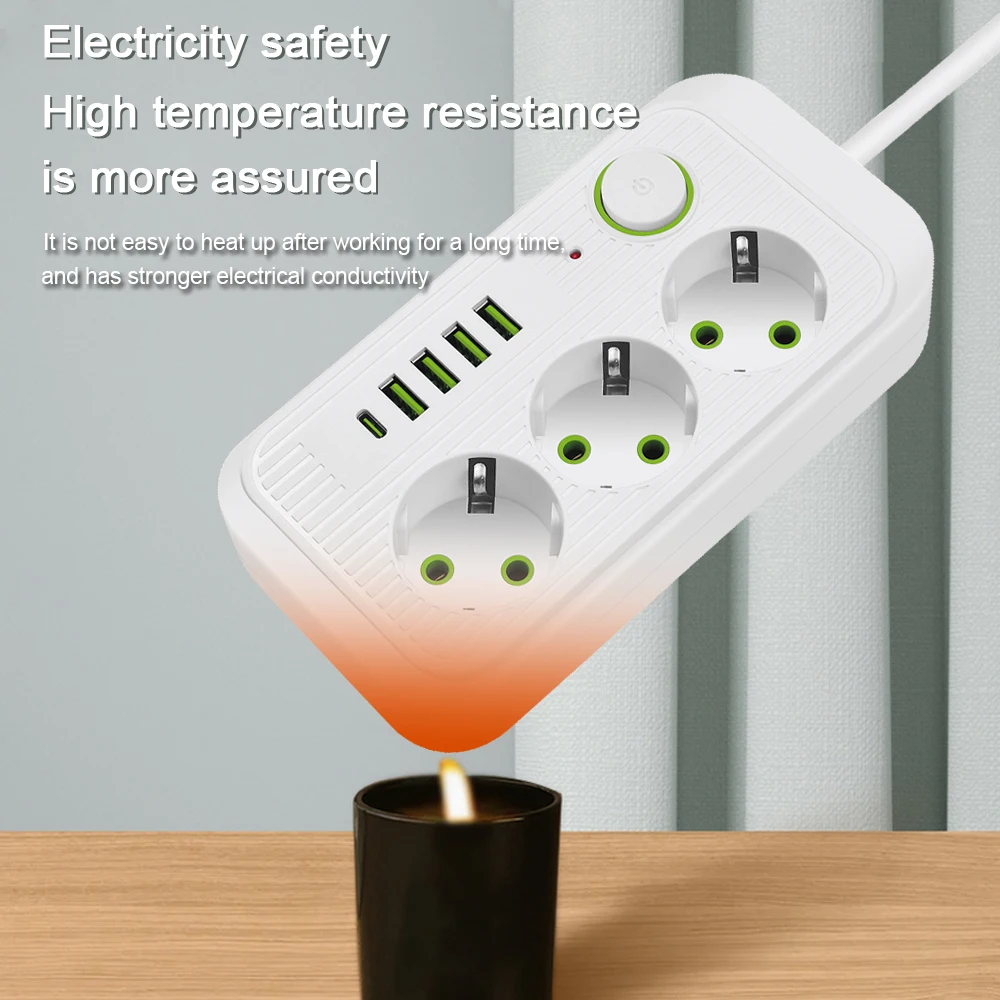 Power Strip 5m EU Plug AC Outlets Multitap Socket Extension Cord Electrical Power Strip USB Type C Fast Charging Network Filter Adapter