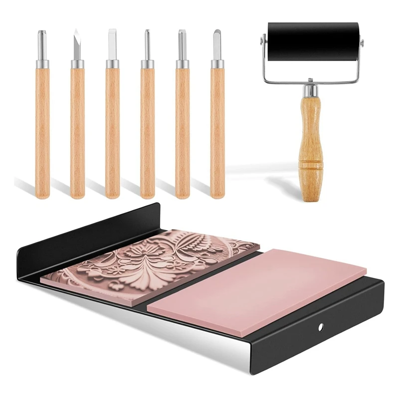 New Block Printing Kit Include 1 Pcs Bench Hook And Inking Plate 2 Pcs Linoleum Block 1 Set Linoleum Cutter Brayer Roller