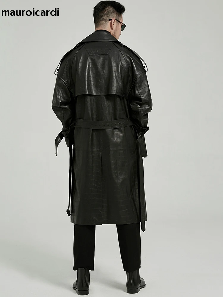 Mauroicardi Spring Autumn Long Black Crocodile Print Pu Leather Trench Coat Men Belt Double Breaste Runway European Fashion 2023 2