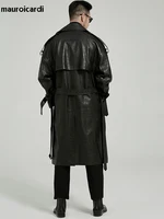 Mauroicardi Spring Autumn Long Black Crocodile Print Pu Leather Trench Coat Men Belt Double Breaste Runway European Fashion 2023 2
