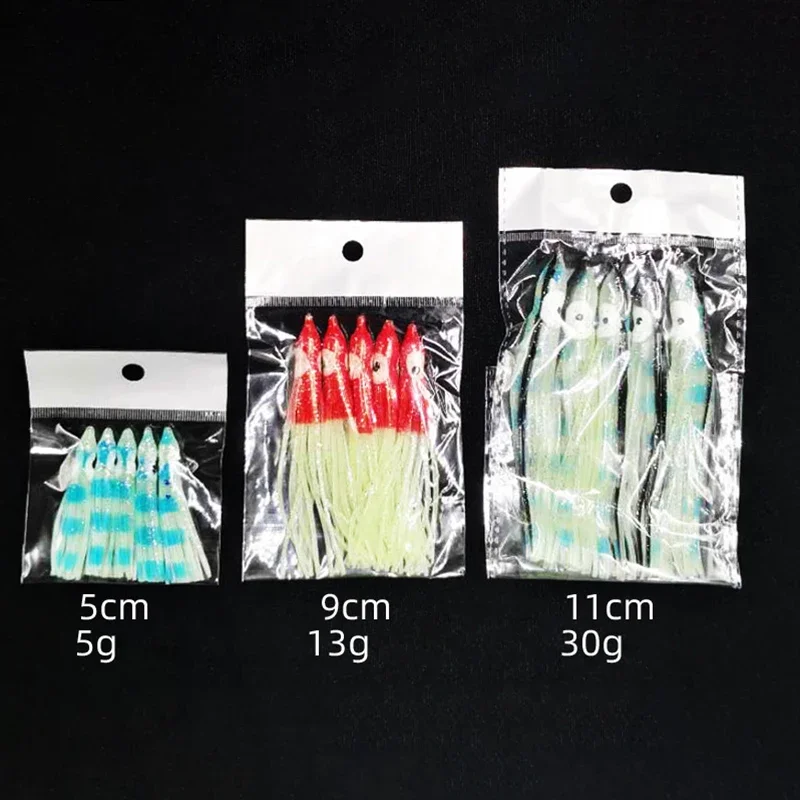 5pcs Luminous Squid Skirts Soft Lure pesca 5cm/9cm/11.5cm Night Fishing Lure Octopus Glow Rubber Artificial Bait for Tuna Sai