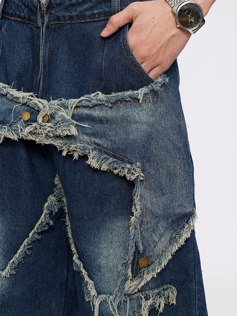 Aelfric Eden Vintage Starry Fringe Hem Denim Shorts Y2K Men Hip Hop Streetwear Shorts 2023 Harajuku Casual Summer Sweatpants