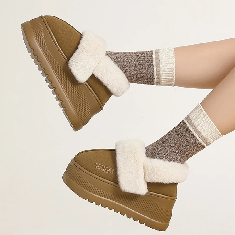 Winter Chunky Platform Cotton Slippers Women Height Increase Non Slip Fluffy Snow Boots Woman Thick Bottom Bag Heels Plush Slide