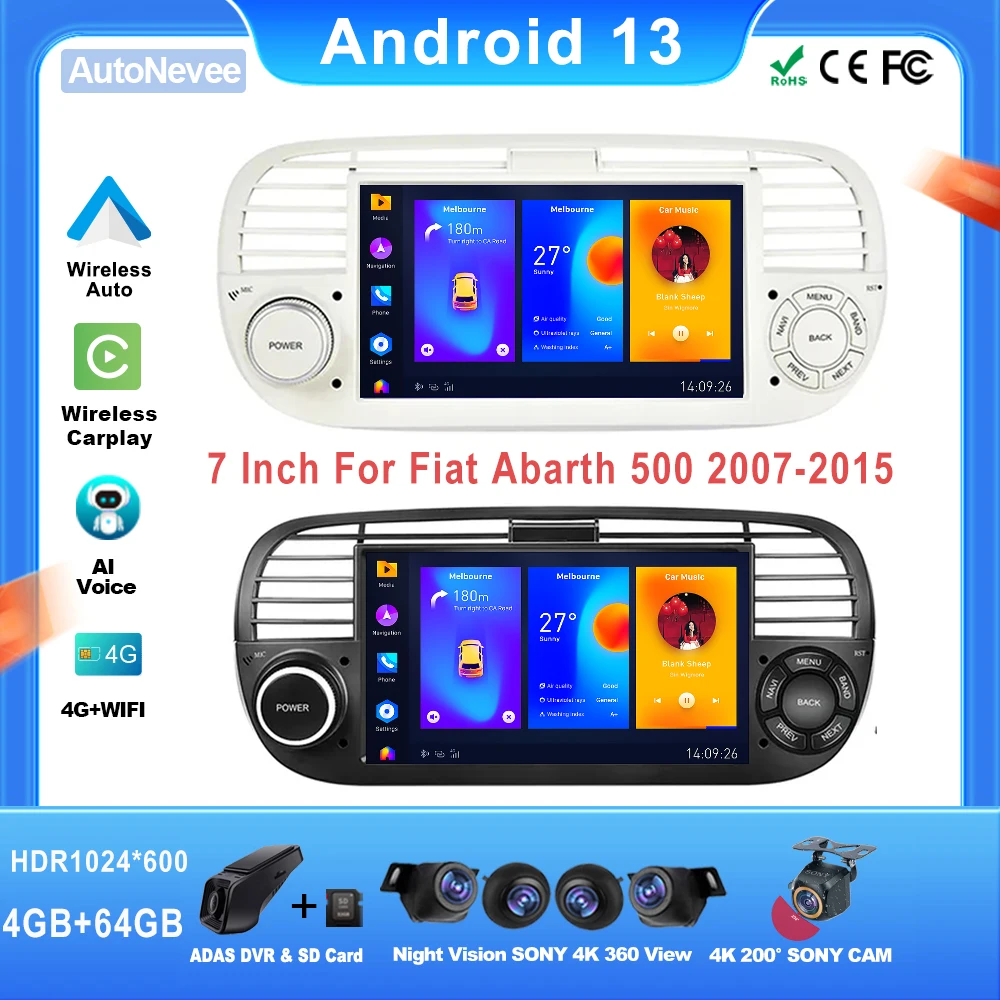 Android Radio Auto Per La Fiat Abarth 500 2007-2015 Automotive Intelligente Carplay Screen Receiver 5G Dvd Wifi Navigazione Bluetooth