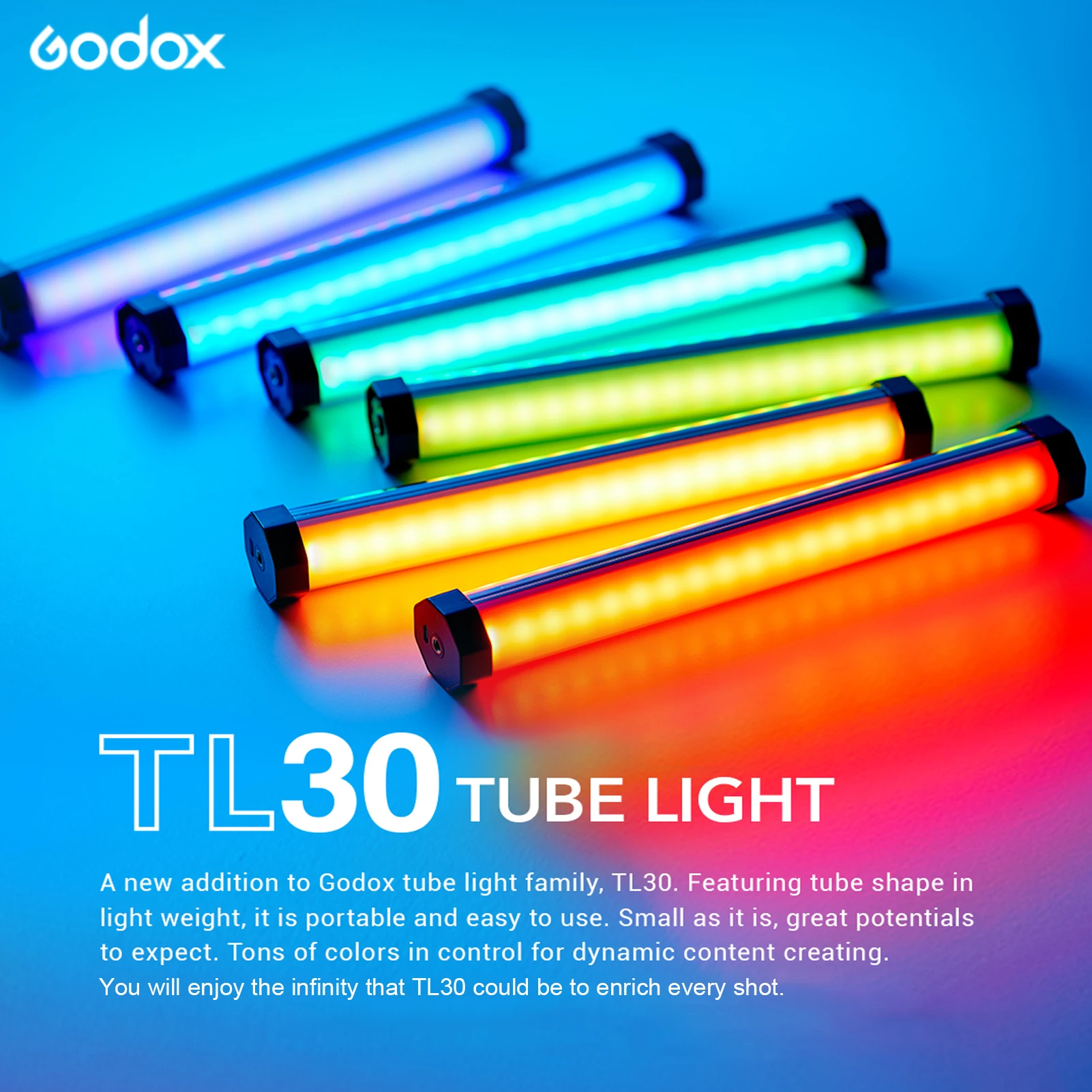 

Godox TL30 Full Color RGB Tube Light LED Photography Light Wand Bi-Color 2700K-6500K CRI97 TLCL99 APP/On-Board Control