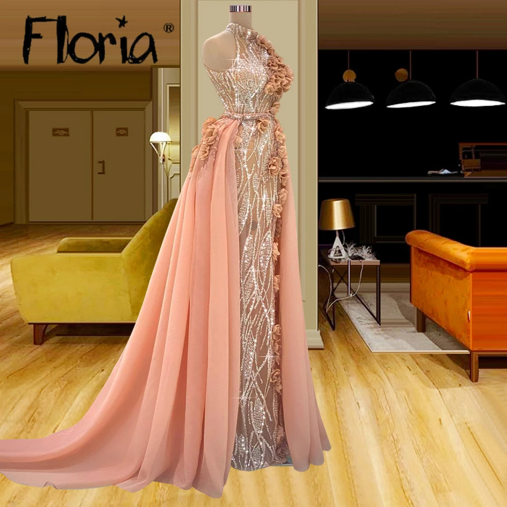 

Pink 3D Lace Flower Evening Dresses Mermaid Champagne Applique Plus Size Prom Gowns With Detachable Train Bridal Gowns