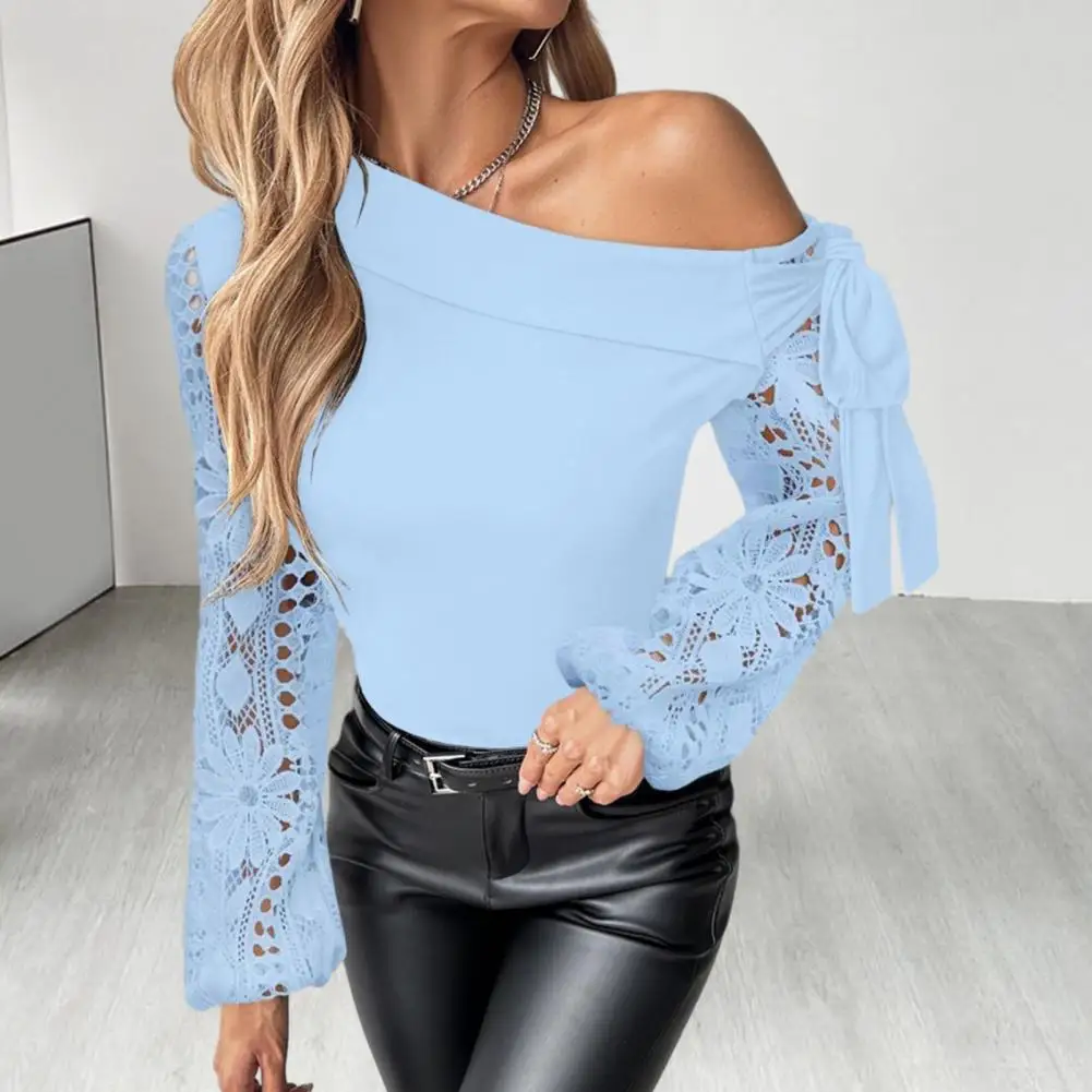 Women Lightweight Top Elegant Flower Embroidery Mesh One Shoulder Blouse With Hollow Out Design For Women Long Sleeve Lace Up