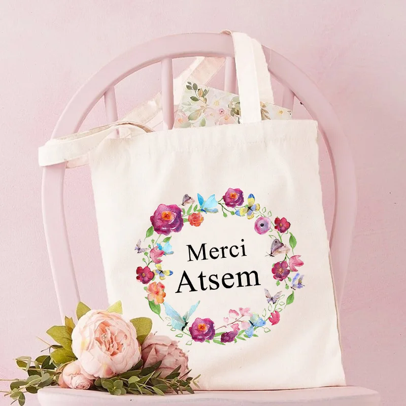 Merci Atsem French Print Fashion Women Canvas Shopping Bag Eco Harajuku  Shoulder Bags Personalized Super Atsem School Bags Gifts