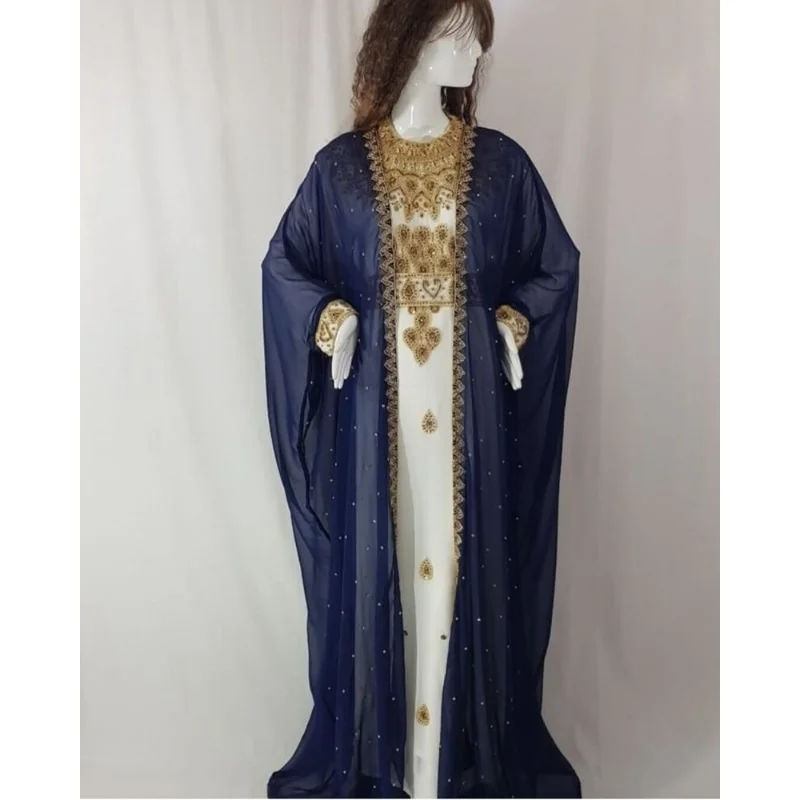 Navy Blue Kaftans Farasha Abaya Dubai Morocco Very Fancy Dress European and American Fashion Trend