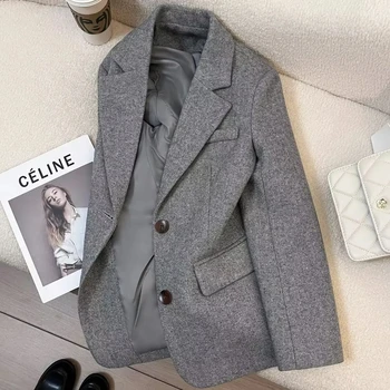 Grey Herringbone pattern Woolen Suit Jacket for women 2026 New Autumn Winter Retro Commuting Casual Top Female Single Breasted 1