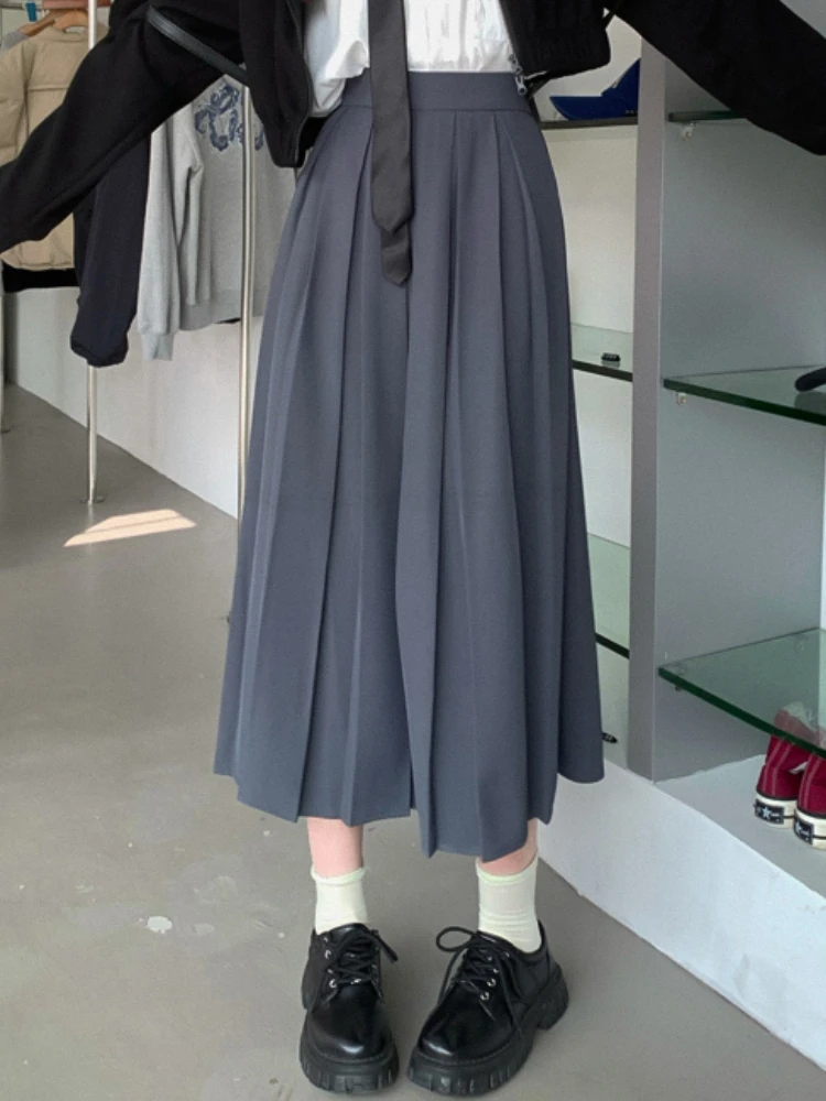 Qiukichonson Mid Long Skirts Womens Pleated Skirt 2023 Spring Summer Vintage Preppy Style High Waisted Grey Black Skirts rok nike city rep tr football grey da1351 004 womens sneakers