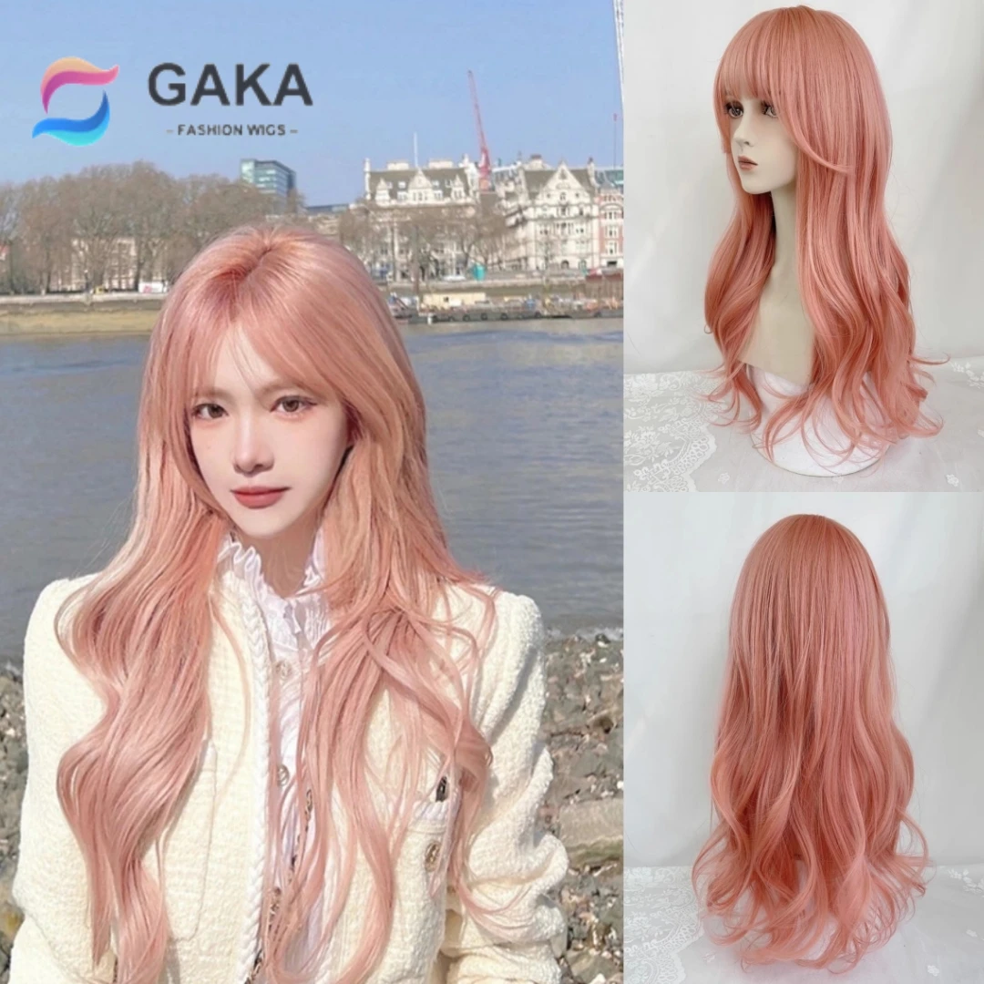 

GAKA Role Play Pink Blonde Gradient Long Curly Synthetic Wig with Bangs Deep Wave Lolita Hair Women's Halloween Party Heat Resis