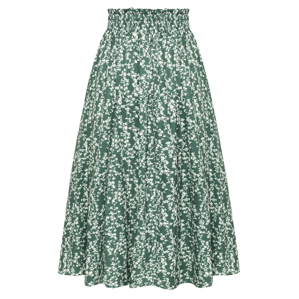 KK Women Summer Party Skirt Floral Printed Mid-Calf Swing Elastic Korean Style High Waist Front Slit Causal A-Line Skirt