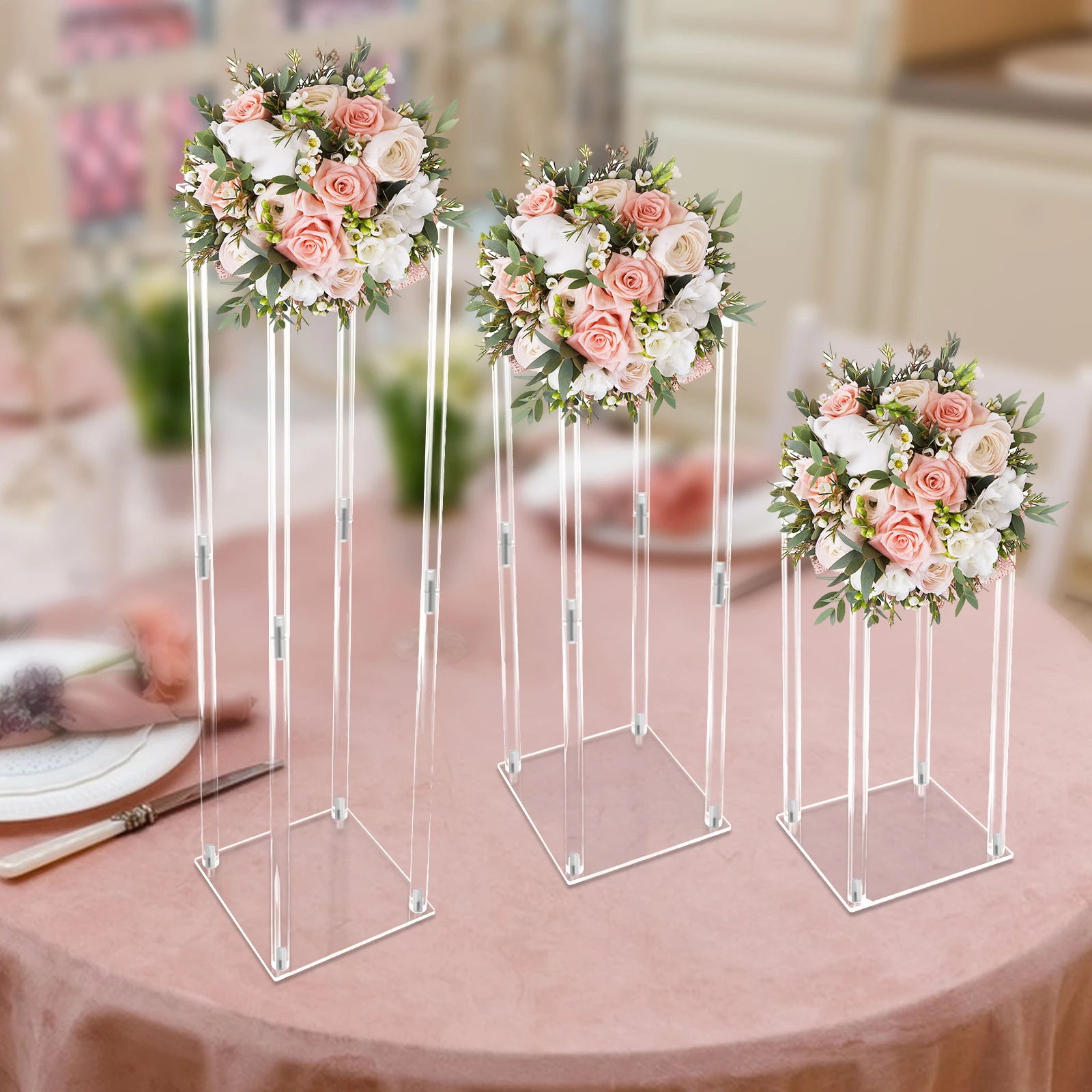 Acrylic Vase Wedding Centrepieces, 3 Pcs Clear Column Flower Display Stand, Geometric Display Stand for Home Decor