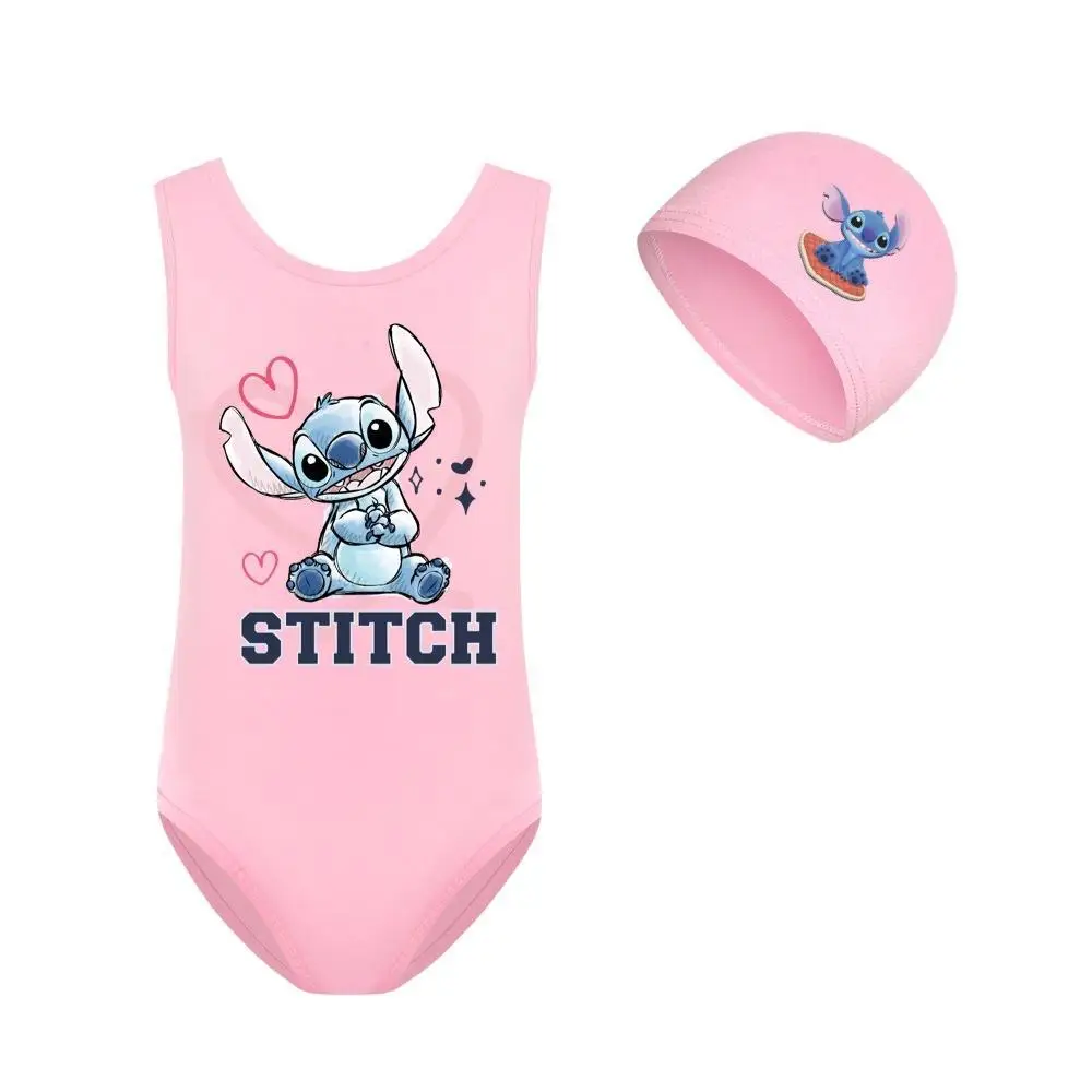 Girls Swimsuit Summer Swimwear Cartoon Stitch Baby Kids Clothes Swimming Cap Set Children Movement Outfit Toddler Pajama Tops images - 6