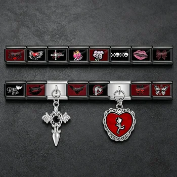 Skull Bat Bite Me Cross Gothic Dark Aesthetic Italian Charm Links 9mm Stainless Steel Bracelet Jewelry DIY Making Halloween Gift 1